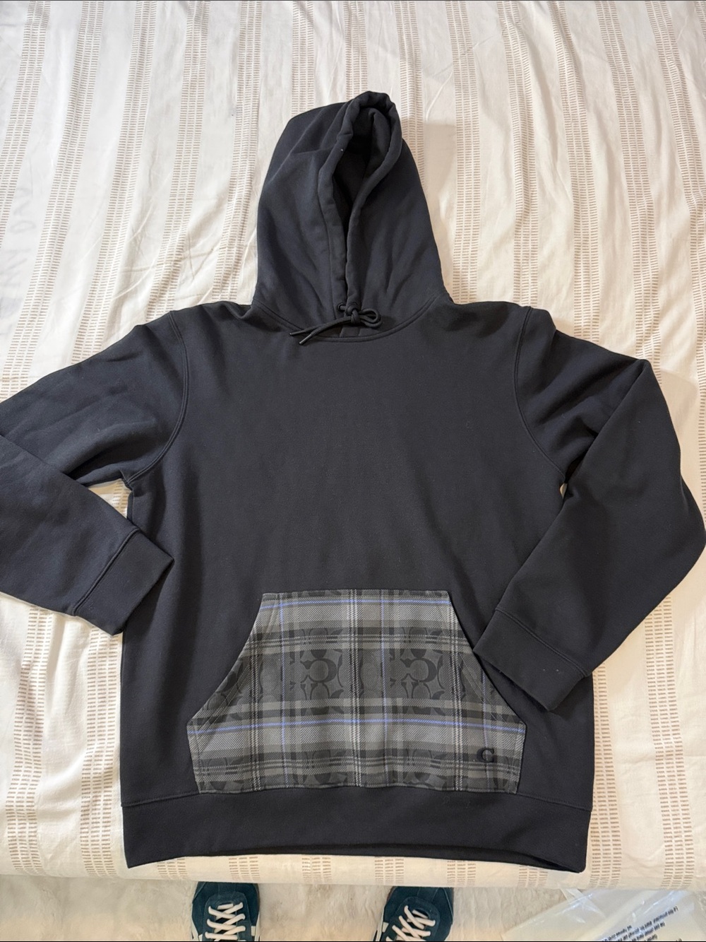 Coach Black Hoodie with Gray Plaid Pocket - Men's Pullover